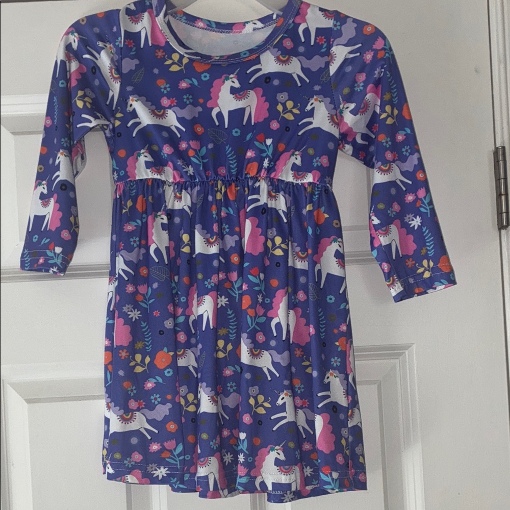 Girls Purple Unicorn Print Long Sleeve Dress 4T